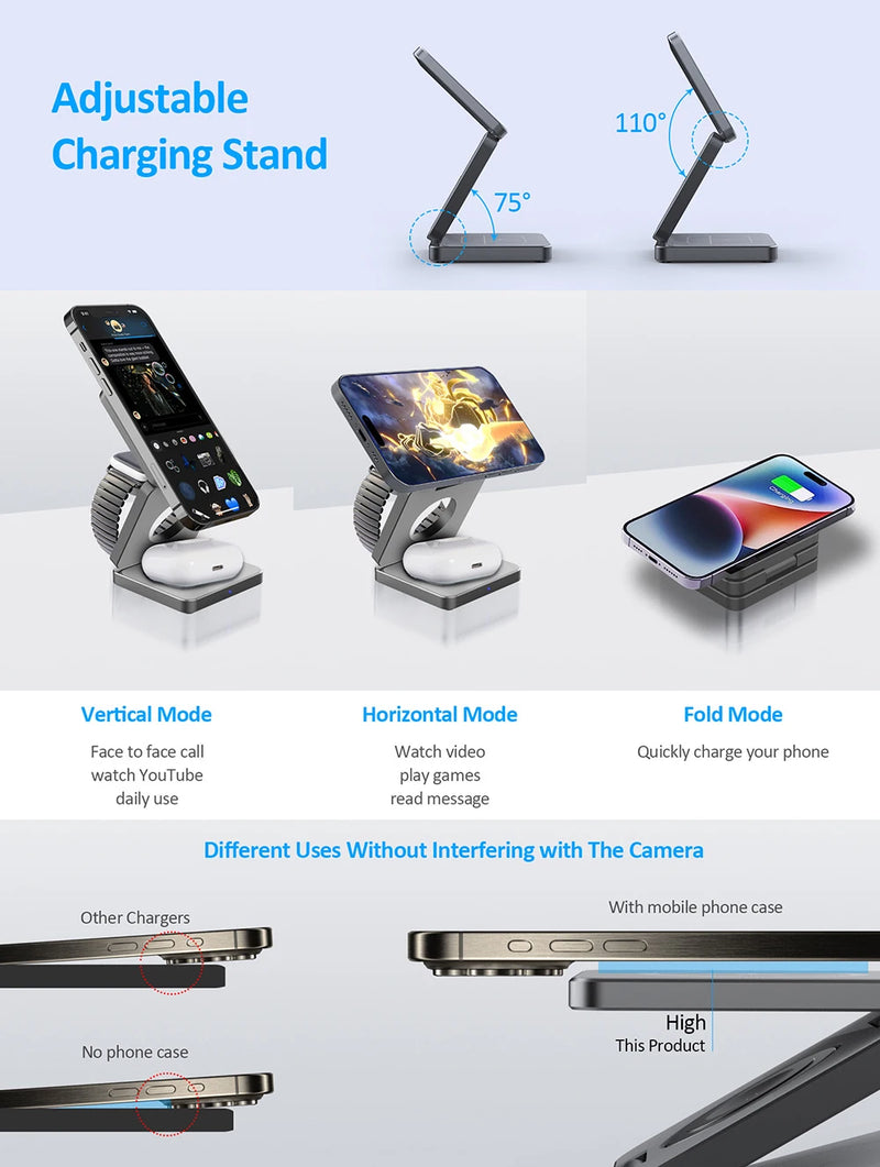 Wireless Charger 3 in 1 Foldable Magnetic Wireless Charging Station for iPhone 15 14 13 12 Pro Max Apple Watch 8 9 Charger